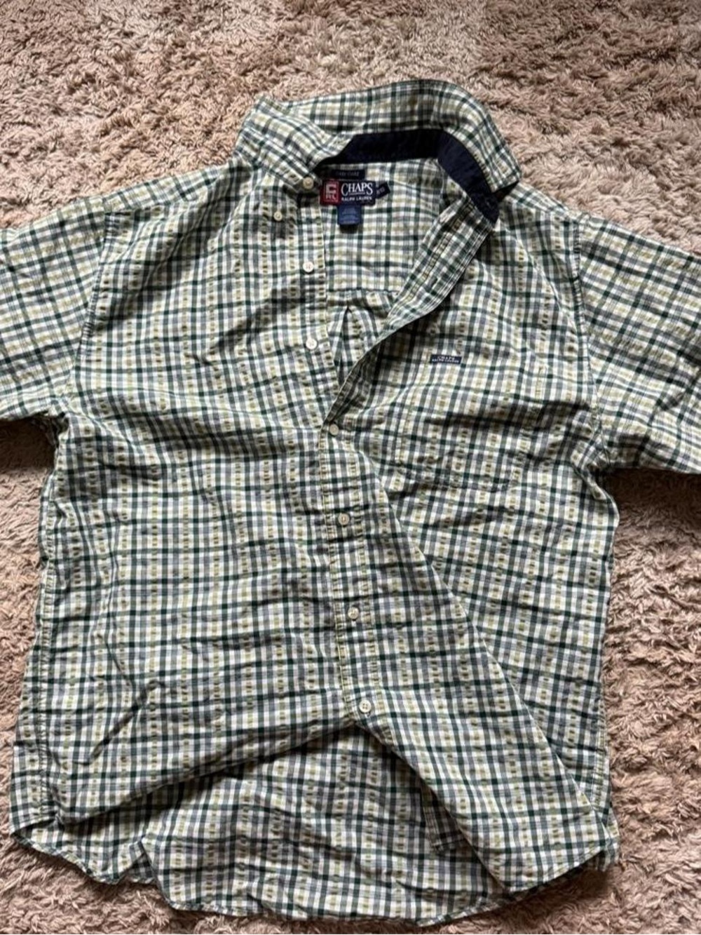 Chaps Green and Blue Plaid Short-Sleeve Button-Down Shirt